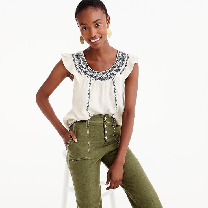 J.Crew Point Sur embroidered flutter linen top