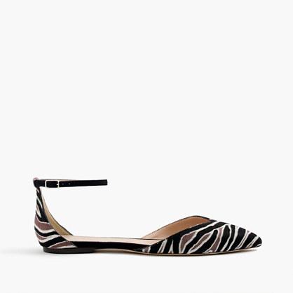 J.Crew Sadie ankle-strap flats in zebra calf hair