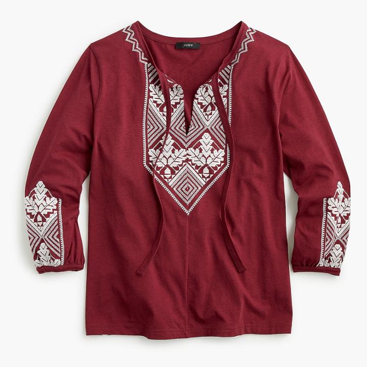 J.Crew Embroidered tie-neck top