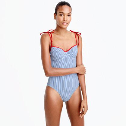 J.Crew Long-torso tipped seersucker underwire shoulder-tie one-piece swimsuit