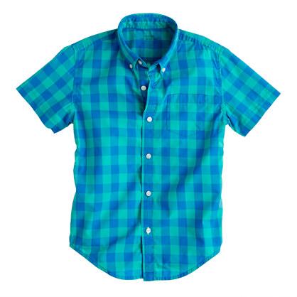 J.Crew Boys' Secret Wash short-sleeve shirt in pacific turquoise oversize gingham
