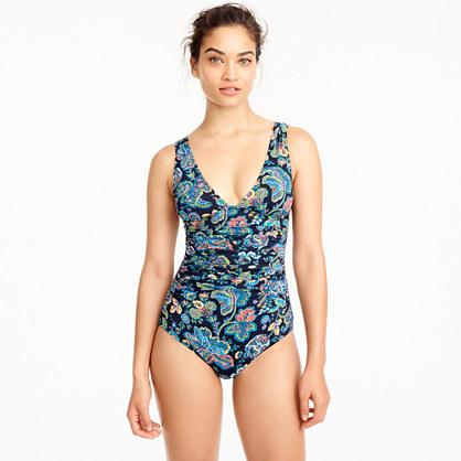 J.Crew Long-torso ruched femme one-piece swimsuit in floral paisley print