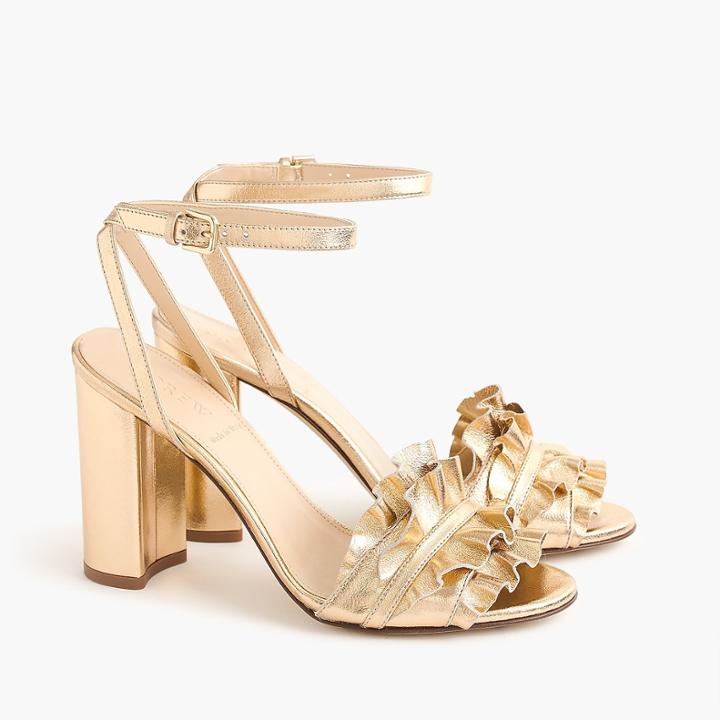 J.Crew Ruffle-strap heels (100mm) in metallic gold leather