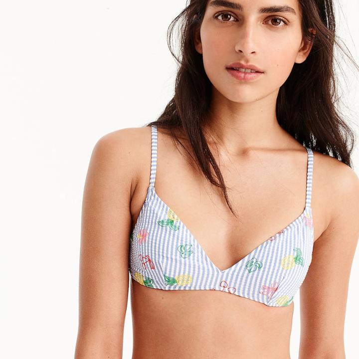 J.Crew Seersucker french bikini top with embroidered fruit