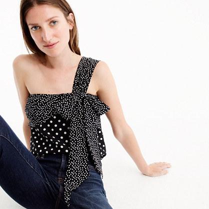 J.Crew Silk one-shoulder bow top in polka dot