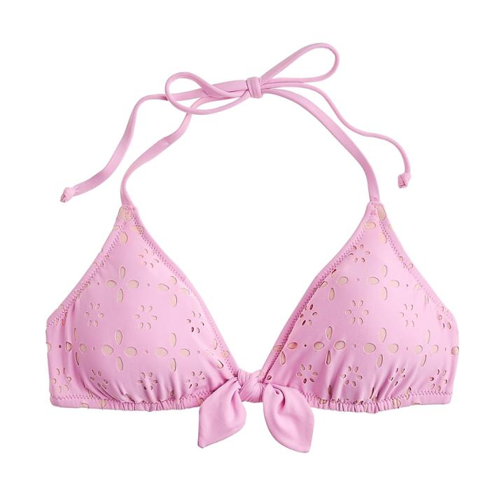 J.Crew Tie-front halter bikini top in laser-cut eyelet