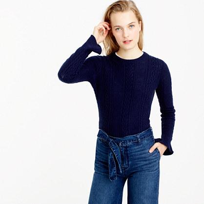 J.Crew Cable crewneck sweater with ruffle sleeves