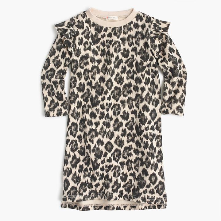 J.Crew Girls' ruffle-trimmed long-sleeve dress in leopard