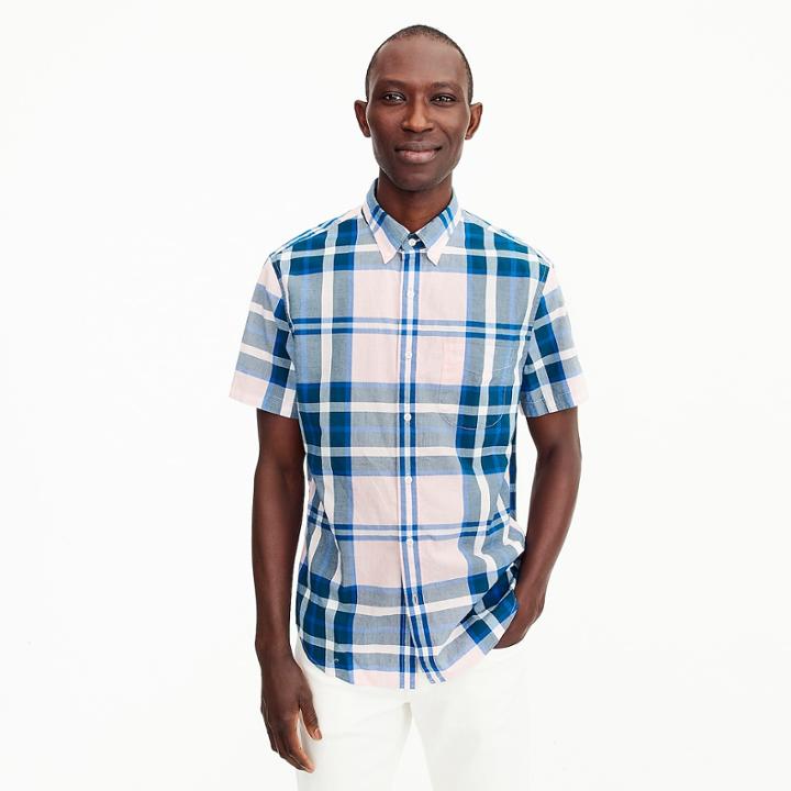 J.Crew Short-sleeve stretch Secret Wash shirt in heather poplin plaid