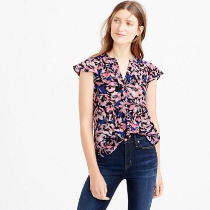 J.Crew Petite flutter-sleeve silk top in hibiscus print
