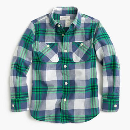 J.Crew Boys' crinkle poplin shirt in green-navy plaid