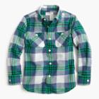 J.Crew Boys' crinkle poplin shirt in green-navy plaid