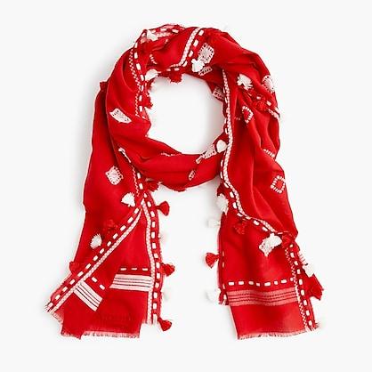 J.Crew Summerweight embroidered pom-pom scarf