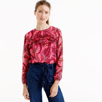 J.Crew Ruffle-front chiffon top in vibrant paisley