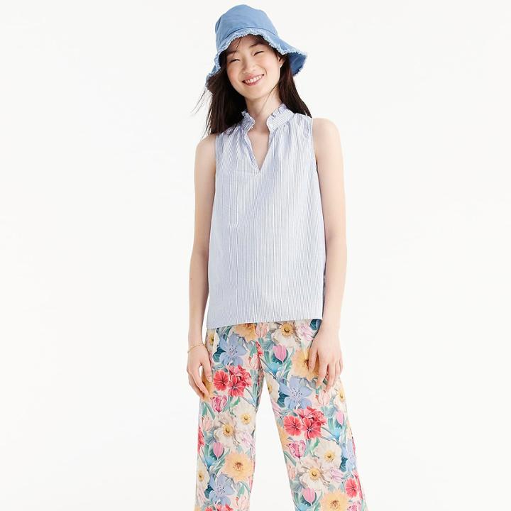 J.Crew Ruffle-neck top in striped cotton poplin