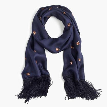 J.Crew Lightweight silk twill scarf with embroidered squirrels