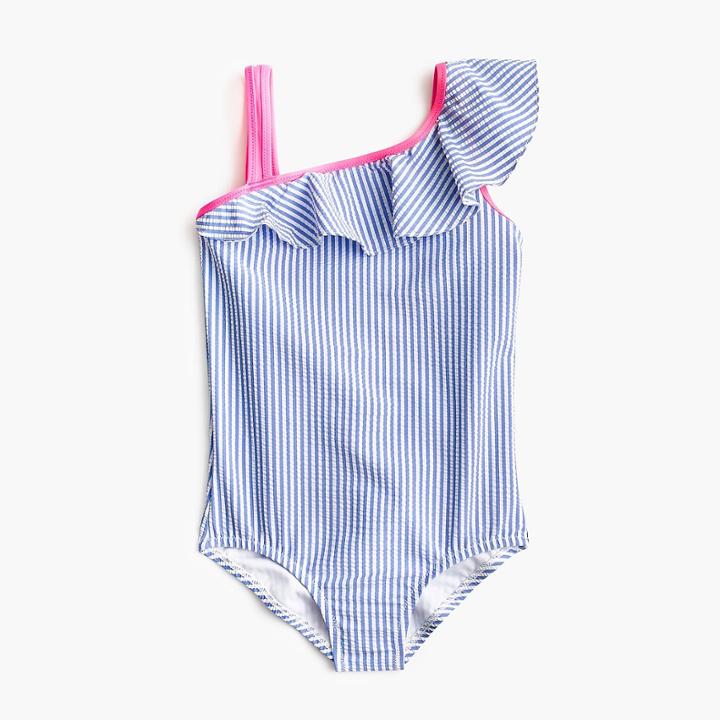 J.Crew Girls' ruffled one-shoulder swimsuit in seersucker