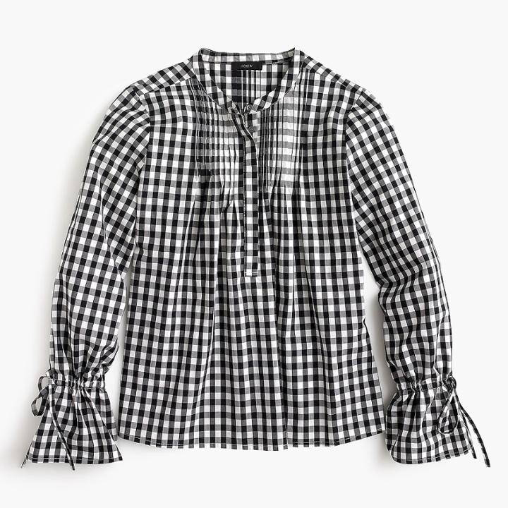 J.Crew Tie-sleeve top with pin tucks in gingham