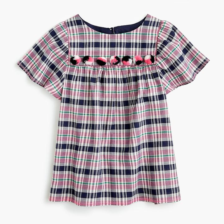 J.Crew Girls' pom-pom top in plaid