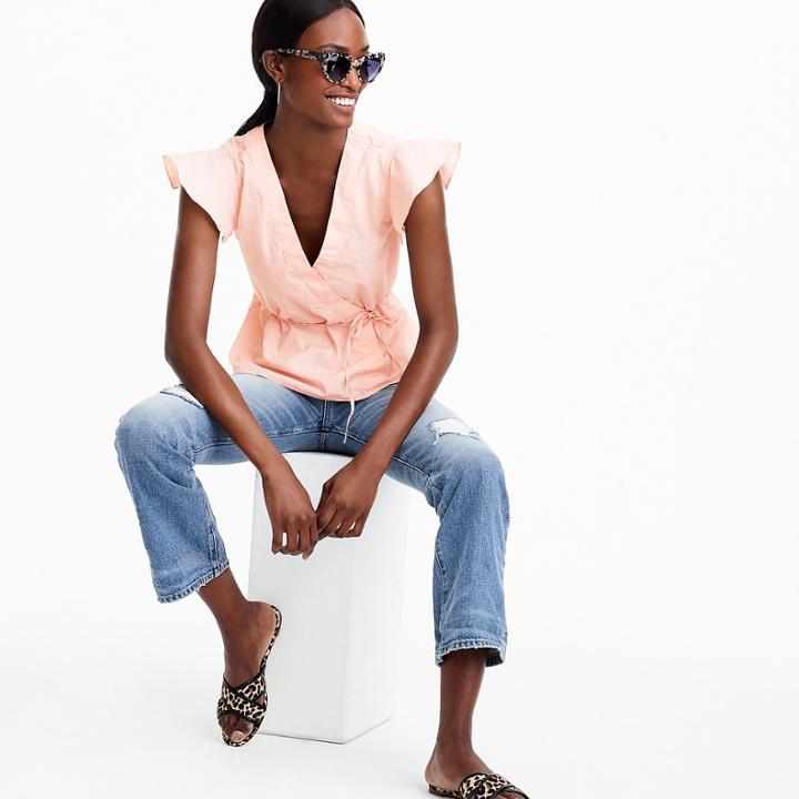 J.Crew Flutter-sleeve wrap top in cotton poplin