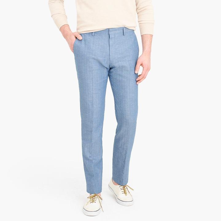 J.Crew Ludlow Slim-fit unstructured suit pant in blue herringbone cotton-linen