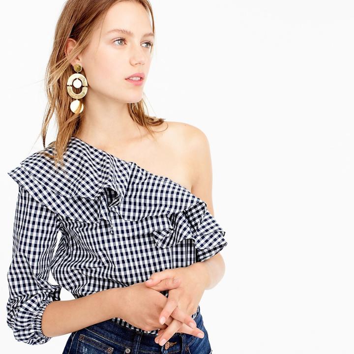 J.Crew Gingham one-shoulder ruffle top