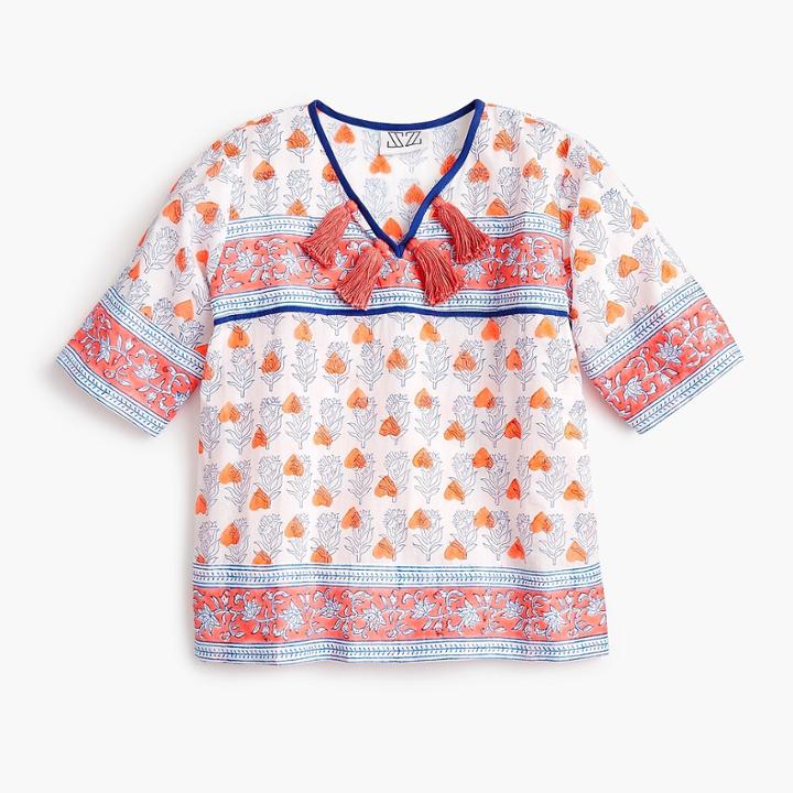 J.Crew Girls' SZ Blockprints for crewcuts tassel-trimmed top in orange hearts