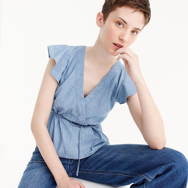 J.Crew Flutter-sleeve wrap top in chambray