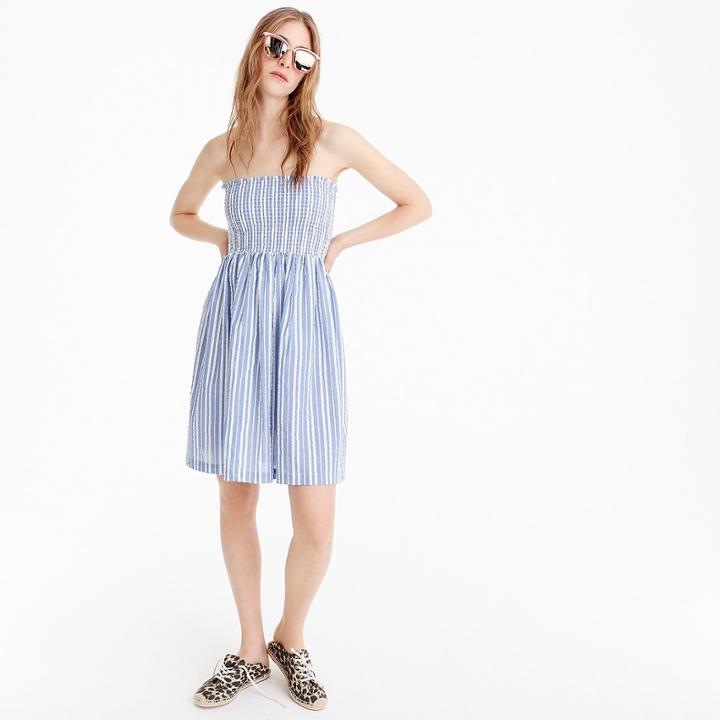 J.Crew Smocked strapless beach dress in seersucker
