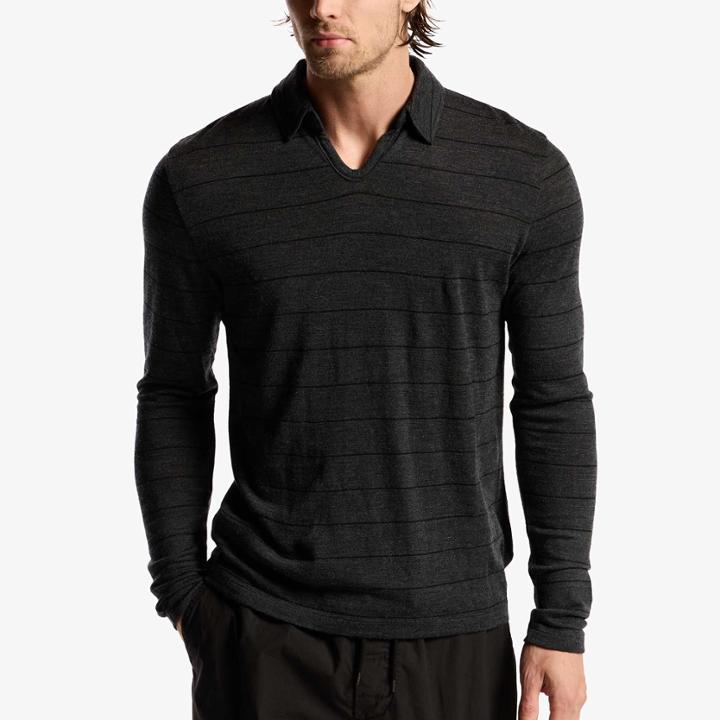 James Perse Wool Stripe Long Sleeve Jersey Open Polo