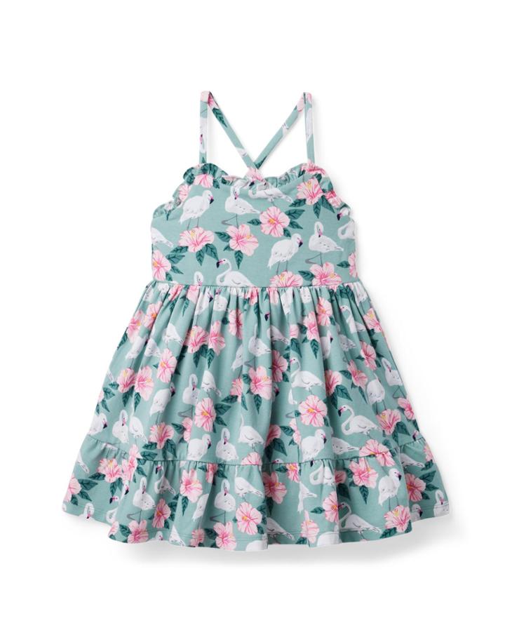 Floral Flamingo Ruffle Trim Jersey Sundress