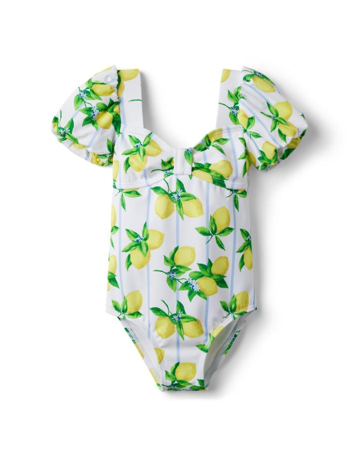 Lemon Stripe Puff Sleeve Swimsuit