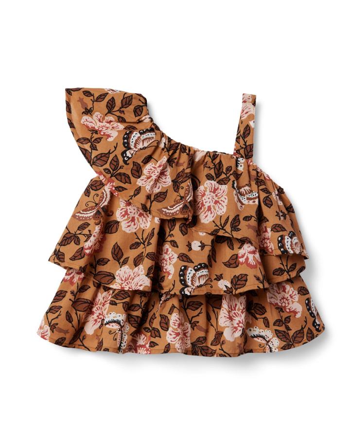 Butterfly Floral Ruffle Cold Shoulder Top