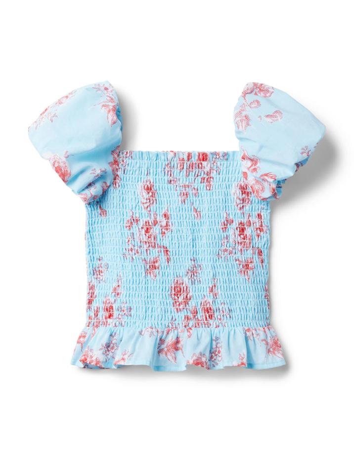 Floral Smocked Puff Sleeve Cropped Top