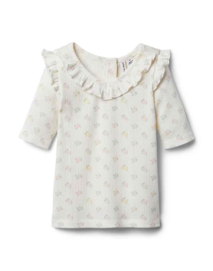 Floral Ruffle Collar Ribbed Top