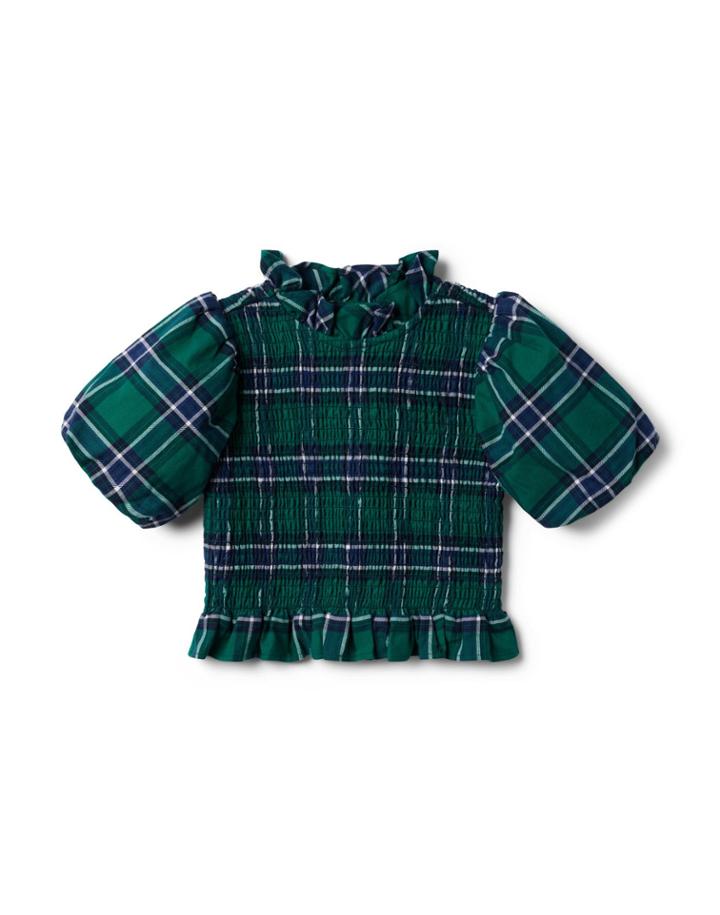 Plaid Smocked Balloon Sleeve Cropped Top