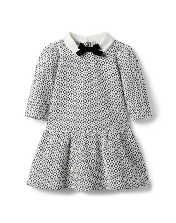 Geo Floral Jacquard Bow Collar Dress