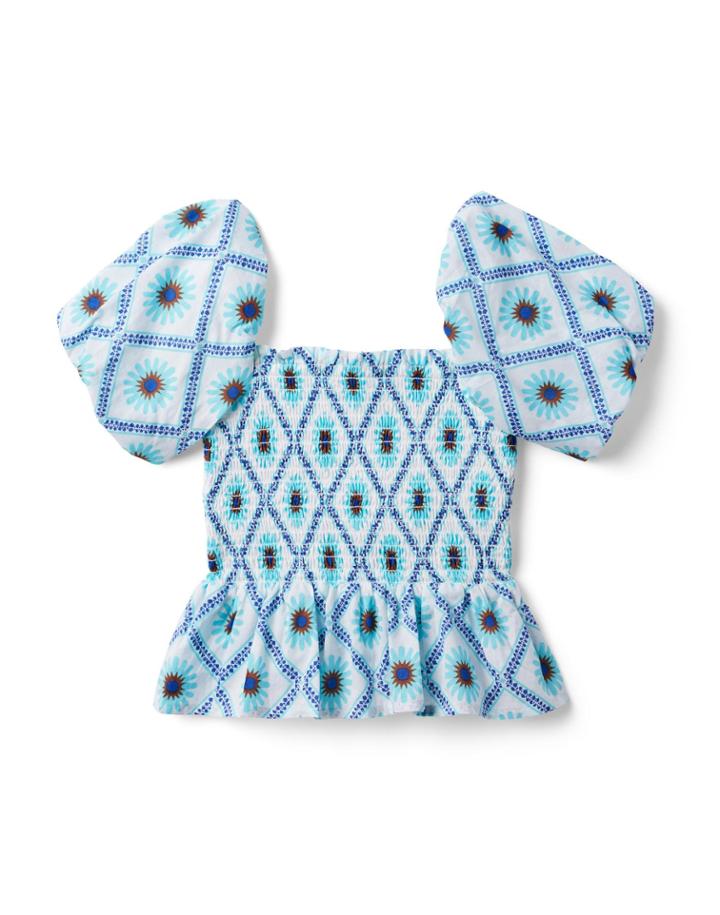 Tile Print Smocked Puff Sleeve Peplum Top