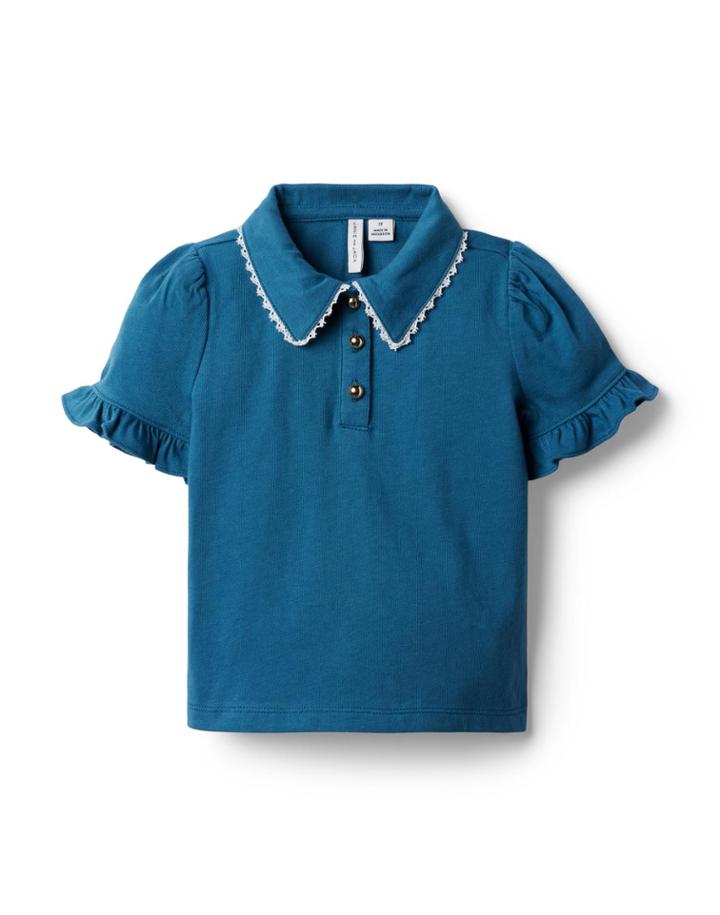 Collared Ruffle Sleeve Jersey Top
