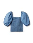 Chambray Smocked Cropped Puff Sleeve Top