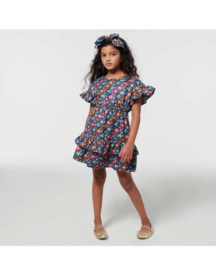 Diagonal Floral Stripe Ruffle Dress