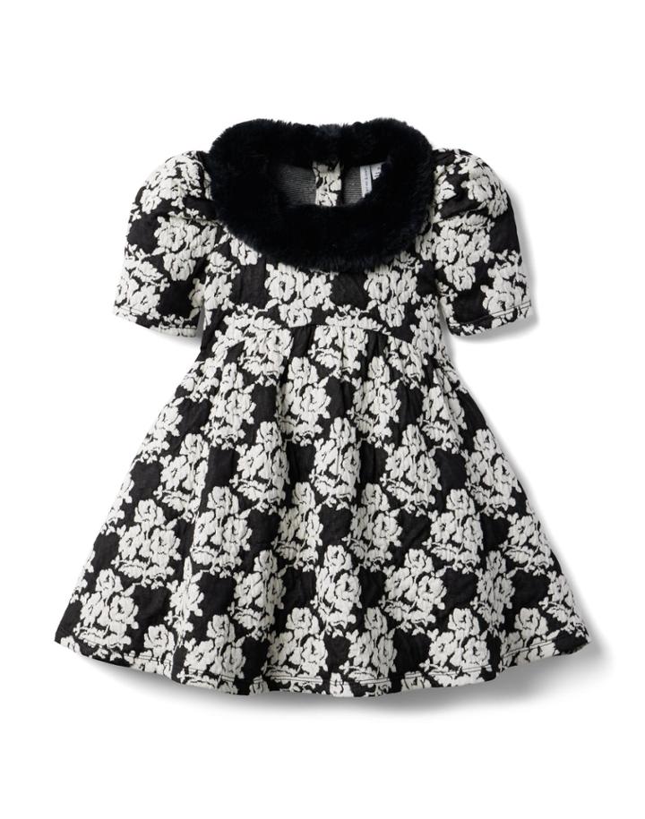 Faux Fur Floral Jacquard Dress