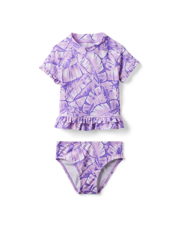 Palm Leaf Ruffle Trim Rash Guard Set