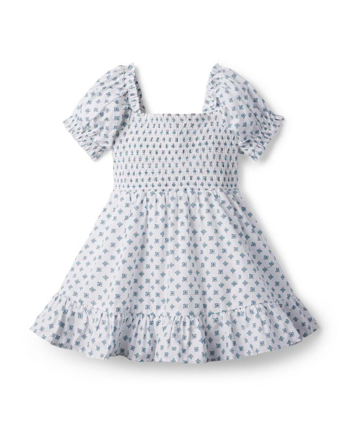 Geo Floral Smocked Puff Sleeve Dress