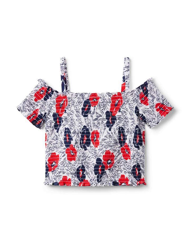 Floral Cold Shoulder Smocked Cropped Top