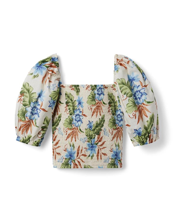 Tropical Floral Smocked Cropped Puff Sleeve Top