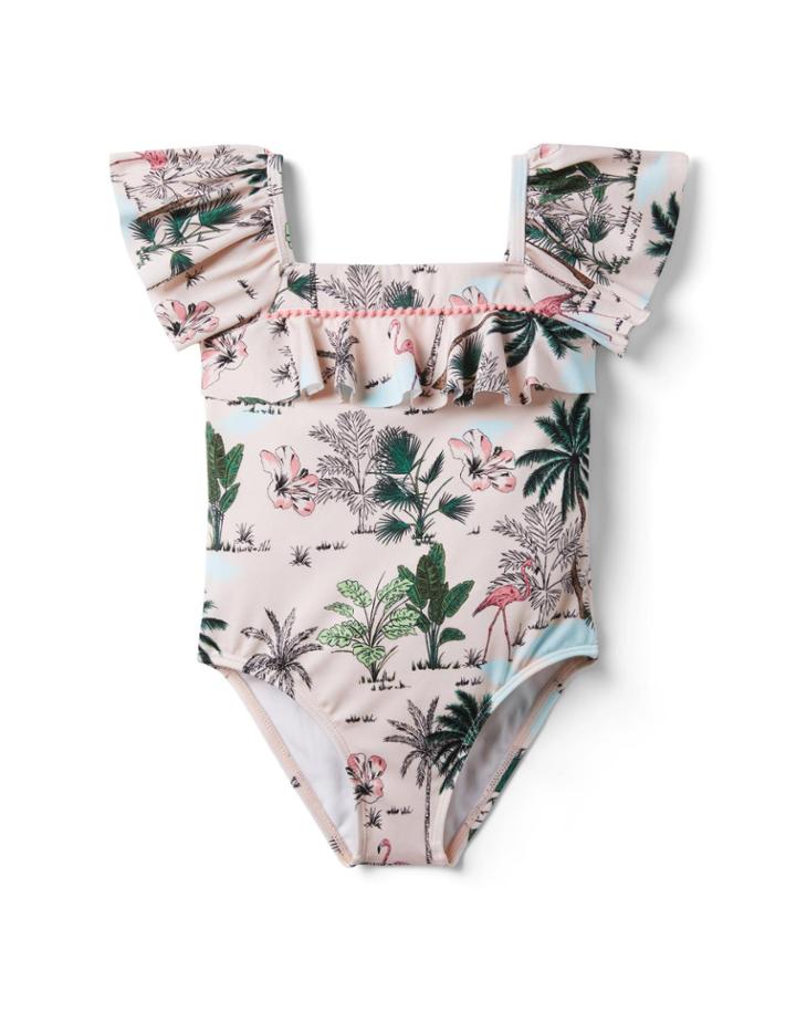 Tropical Ruffle Sleeve Swimsuit
