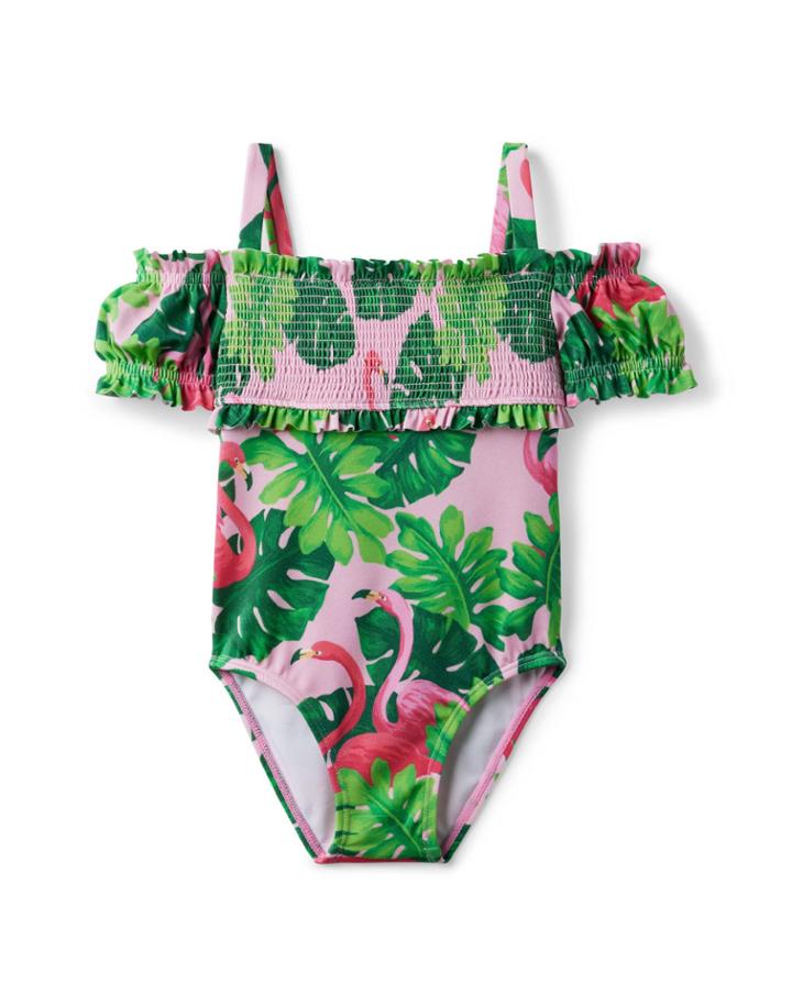 Tropical Flamingo Cold Shoulder Smocked Swimsuit