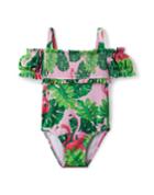 Tropical Flamingo Cold Shoulder Smocked Swimsuit