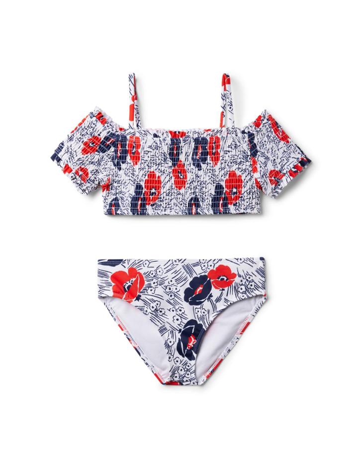 Floral Smocked Cold Shoulder 2-piece Swimsuit